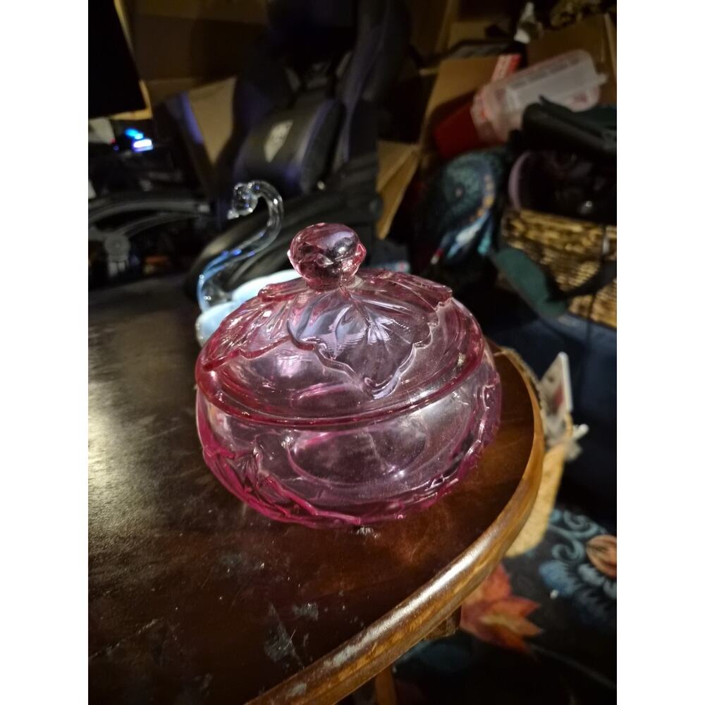 Vintage Viking Cranberry Pressed Glass Candy Dish With Lid Has A Floral And...